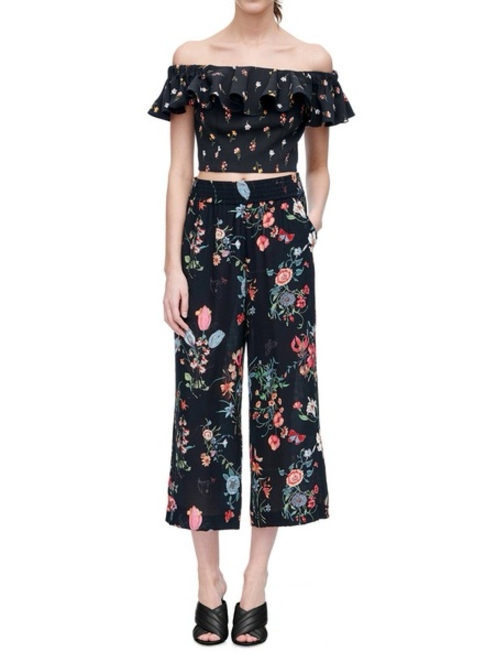 Rebecca Taylor silk meadow floral print wide leg pull on pants